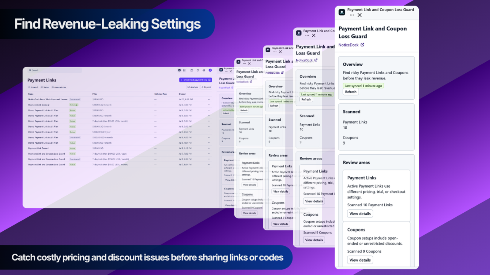 Payment Link and Coupon Loss Guard showing scanned Payment Links and Coupons inside Stripe